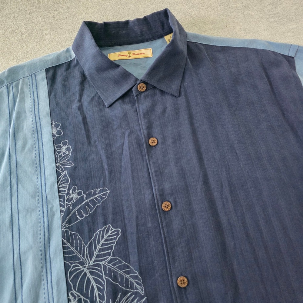Tommy Bahama Mens XL Silk Embroidered Camp Shirt Blue Colorblock Pintuck Floral